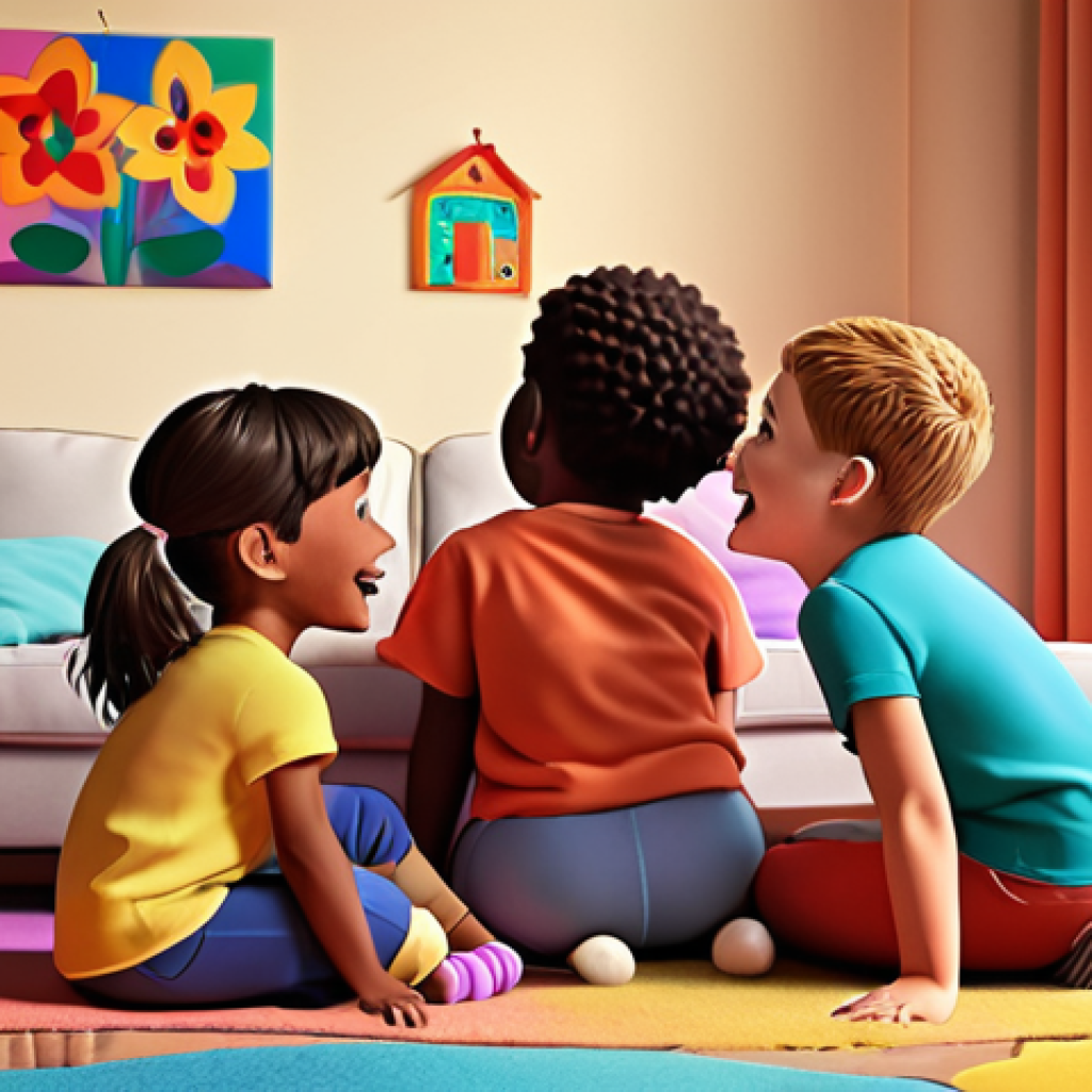 **

A group of diverse children happily watching a colorful cartoon together, emphasizing positive values like friendship and helping each other. The scene should depict a cozy living room setting.

**