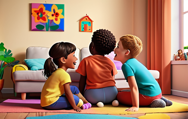 **

A group of diverse children happily watching a colorful cartoon together, emphasizing positive values like friendship and helping each other. The scene should depict a cozy living room setting.

**