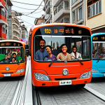 **

A group of diverse and colorful buses, TAYO, Rogi, Lani, and Gani, driving through a bustling, but friendly, modern city street in Istanbul. Pedestrians are smiling and waving. The scene emphasizes collaboration and the positive aspects of city life, showing both challenge and enjoyment. Bright, cheerful, cartoon style.

**