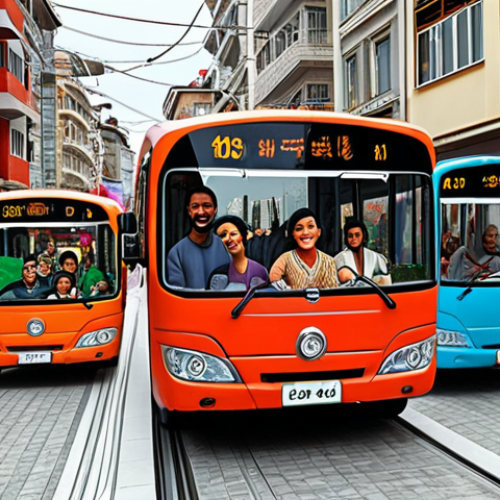 **

A group of diverse and colorful buses, TAYO, Rogi, Lani, and Gani, driving through a bustling, but friendly, modern city street in Istanbul. Pedestrians are smiling and waving. The scene emphasizes collaboration and the positive aspects of city life, showing both challenge and enjoyment. Bright, cheerful, cartoon style.

**