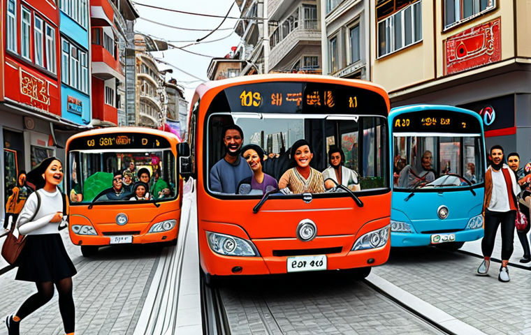 **

A group of diverse and colorful buses, TAYO, Rogi, Lani, and Gani, driving through a bustling, but friendly, modern city street in Istanbul. Pedestrians are smiling and waving. The scene emphasizes collaboration and the positive aspects of city life, showing both challenge and enjoyment. Bright, cheerful, cartoon style.

**