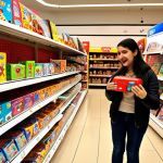 "A cheerful Turkish parent and child engaging in toy shopping for Titipo trains. The scene is split, depicting both the digital and physical shopping experiences. On one side, a cozy living room with a laptop displaying a busy e-commerce platform like Trendyol or Hepsiburada, and a delivered package of Titipo toys. On the other side, a brightly lit aisle of a popular Turkish toy store, like Toyzz Shop, with the child excitedly pointing at Titipo sets on the shelves. The image should convey the convenience of online shopping blended with the joy of an in-store visit, highlighting a typical Turkish family's approach to toy purchases. Soft, inviting lighting, focus on a positive, family-oriented atmosphere. --ar 16:9 --v