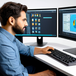 A professional 3D animator, fully clothed in a modest business casual outfit, sits focused at a workstation in a modern, clean animation studio. They are working on a large monitor displaying a vibrant, friendly cartoon train model in 3D modeling software. The train model exhibits early stages of digital sculpting, showcasing correct proportions and well-formed components. The artist's pose is natural, with perfect anatomy and proper finger count on the keyboard and mouse. The studio environment is bright, organized, and family-friendly, with subtle technical equipment in the background. The image should convey a sense of calm professionalism and creativity. safe for work, appropriate content, fully clothed, professional, high quality, studio lighting.